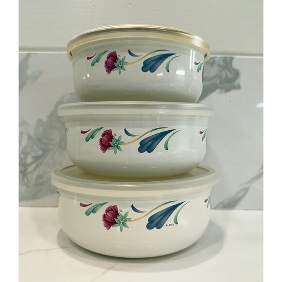 Vintage Lenox Poppies on Blue Set Enamel Nesting Storage Bowls Lids Graduating - Picture 1 of 5